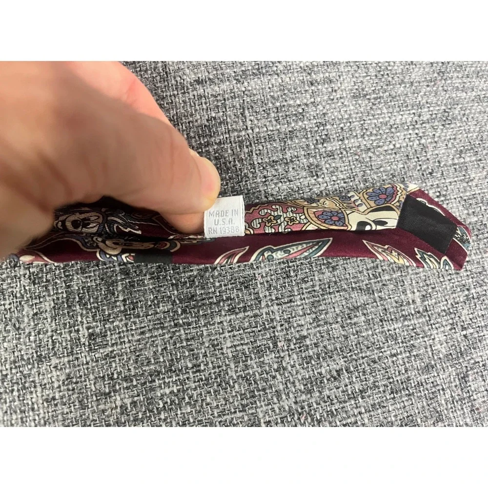 Disney Mickey Mouse Mens Silk Tie Burgundy Paisley Floral Made in USA
